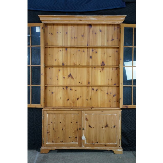 Wood Late 20th Century Rare English Knotty Pine Shallow Glazed Glass China Display Cabinet Cupboard 95" For Sale - Image 7 of 18