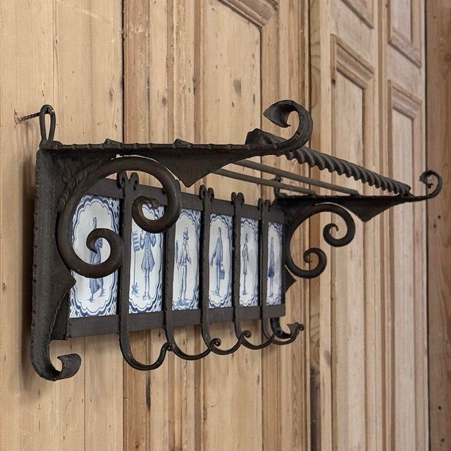 19th Century Dutch Wrought Iron Coat Rack With Delft Tiles For Sale - Image 14 of 18