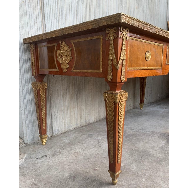 Brown French Louis XVI Style Writing Desk Bureauplatt, Bronze Gilt Mounts Leather Top For Sale - Image 8 of 18