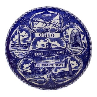 Ohio Buckeye State Delft Style Blue and White Decorative Plate For Sale