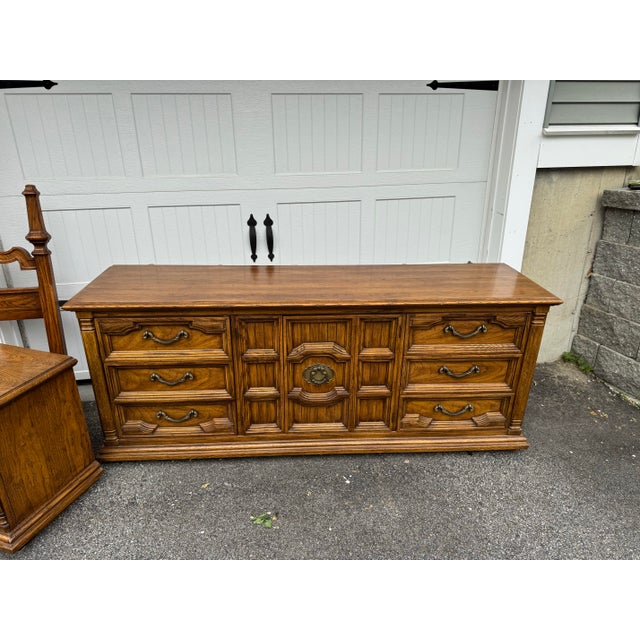 Brass 1970s Thomasville Mediterranean Brutalist Oak 5-Piece Bedroom Suite For Sale - Image 8 of 9