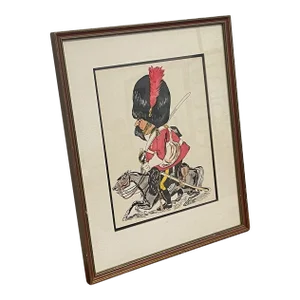 Vintage Whimsical Paint Illustration of British Soldier in Wood Frame.