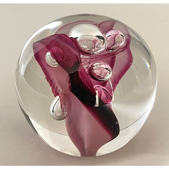 Clear and Magenta Glass Signed Studio Paperweight With Bubble Inclusions For Sale In Jacksonville, FL - Image 6 of 10