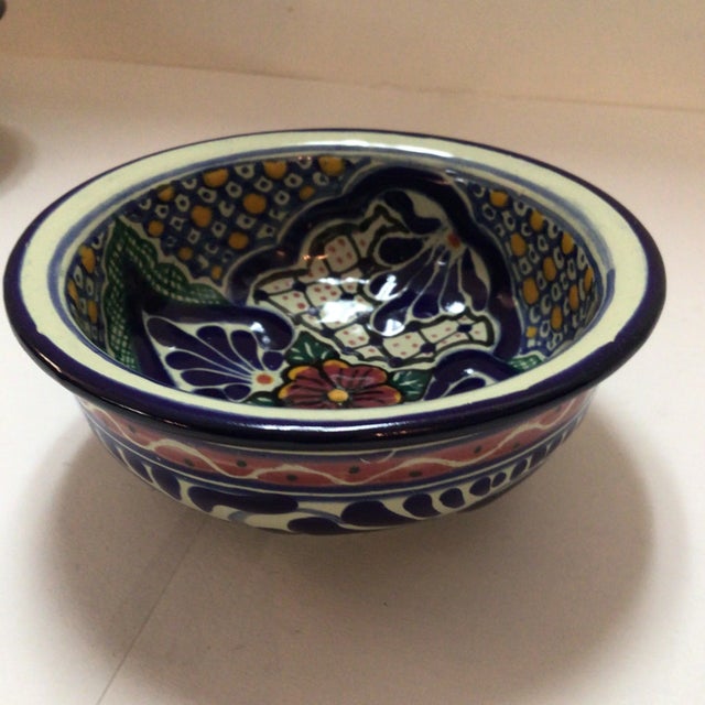 Blue Vintage Hand Painted Mexican Majolica Talavera Salsa or Dip Bowls- a Pair For Sale - Image 8 of 13