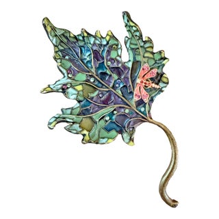 Jay Strongwater Enameled & Swarovski Decorative Leaf With Dragonfly For Sale