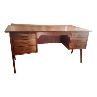 Vintage Danish Teak & Cane Curved Desk Attributed to Svend Madsen For Sale