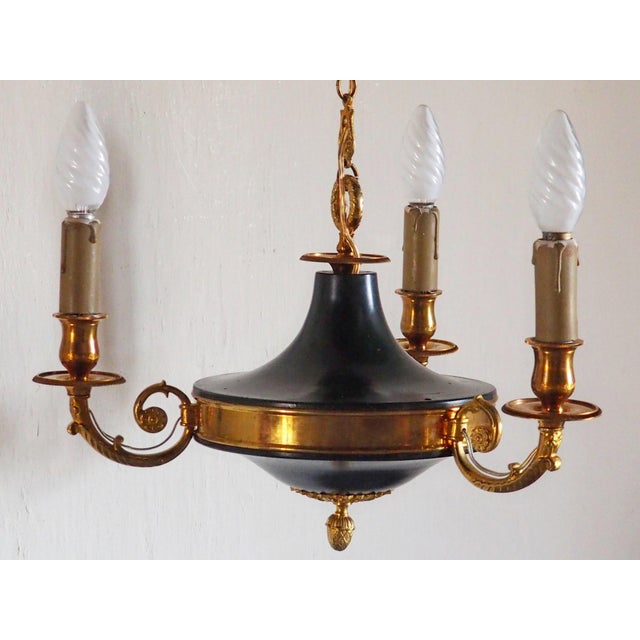 Vintage French Empire 3-Arm Brass Dark Green Tole Chandelier, 1960s For Sale - Image 16 of 16