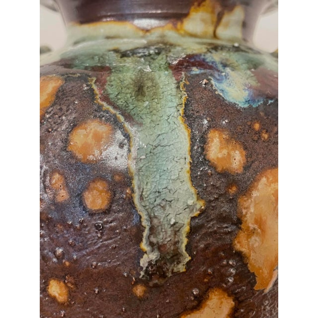 Ceramic Antique Abstract Asian Raku Ceramic Pottery Vase in Celadon, Camel, Chocolate Brown For Sale - Image 7 of 12