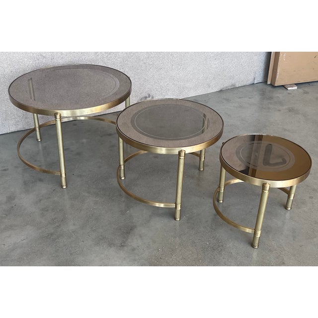 Brass Set of Three Round Brass Nesting Tables With Smoked Pink Glass Tops For Sale - Image 8 of 12