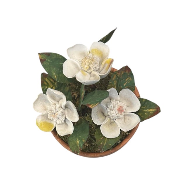 A lovely, vintage, French porcelain and tole arrangement. Features three hand sculpted, white gardenia blooms surrounded...