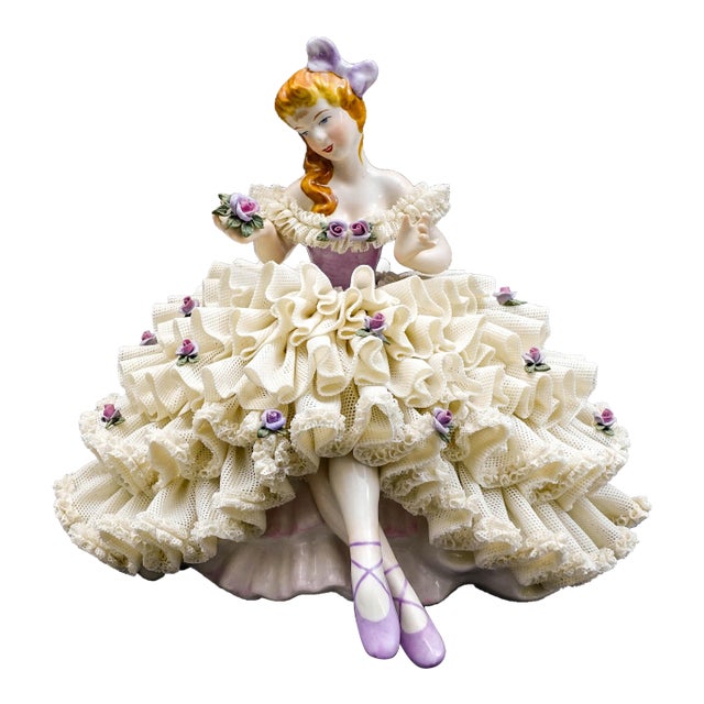 Early 19th Century Dresden Germany Large Ballerina Holding Flower Porcelain Lace Figurine (Read) For Sale