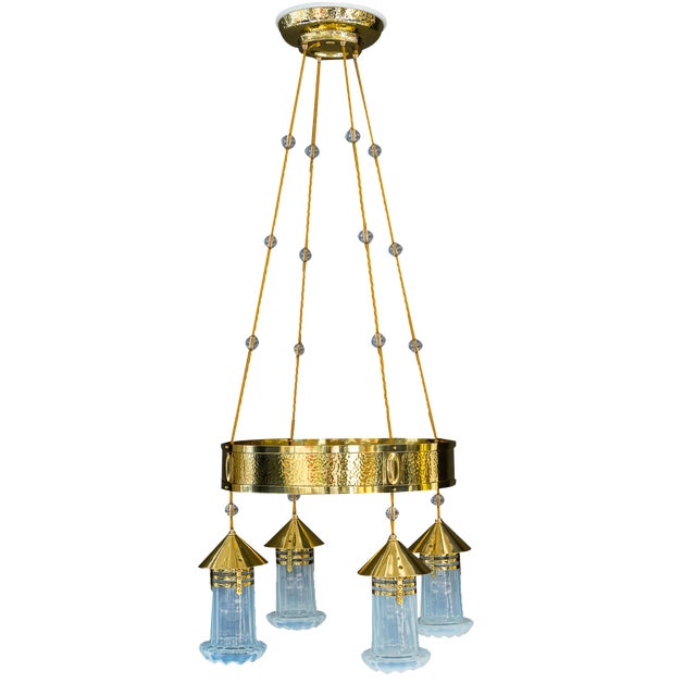 Art Deco Hammered Chandelier with Opaline Glass Shades, Vienna, 1920 For Sale