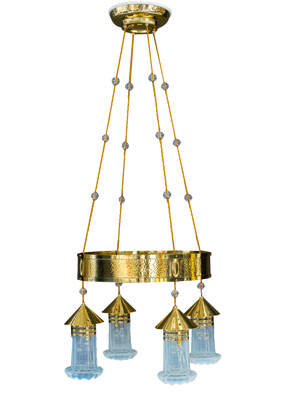 Art Deco Hammered Chandelier with Opaline Glass Shades, Vienna, 1920