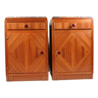 French Art Deco Oak Bedside Cabinets with Inset Marble Tops, 1930s, Set of 2 For Sale