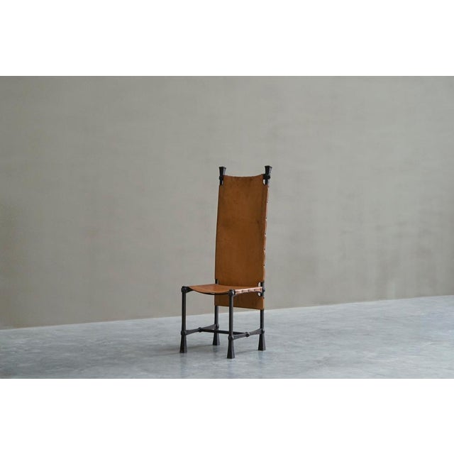 Vintage Brutalist High Back Chair in Wrought Iron and Patinated Cognac Leather, 1950s For Sale - Image 13 of 18