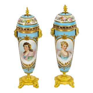 French Duck Egg Blue Sevres Urns, 19th Century, Set of 2 For Sale