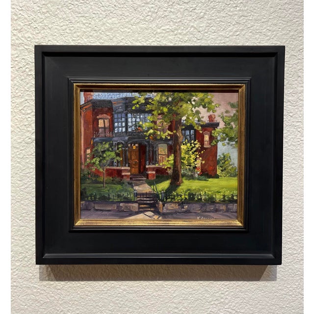 This oil painting depicts the Byers Evans House, showcasing its rich red brick façade and intricate architectural details...