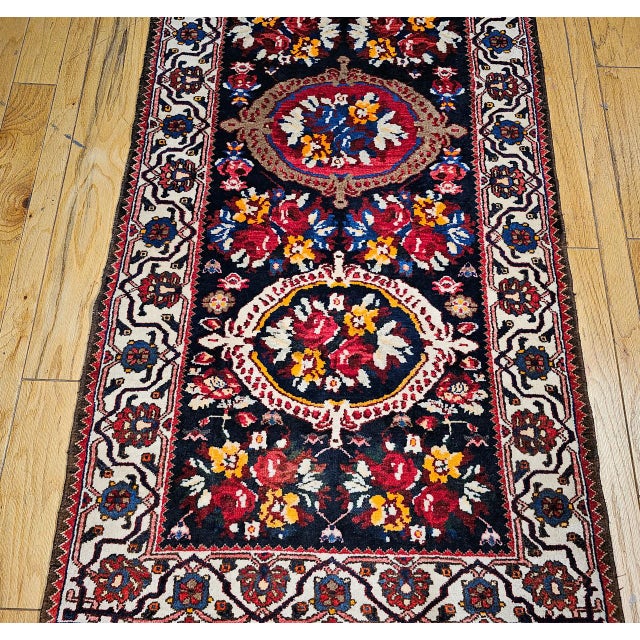 Vintage Persian Bakhtiari Wide Runner, Handwoven Wool, Floral Bouquet Design, Navy & Red, 4x13 For Sale - Image 12 of 17