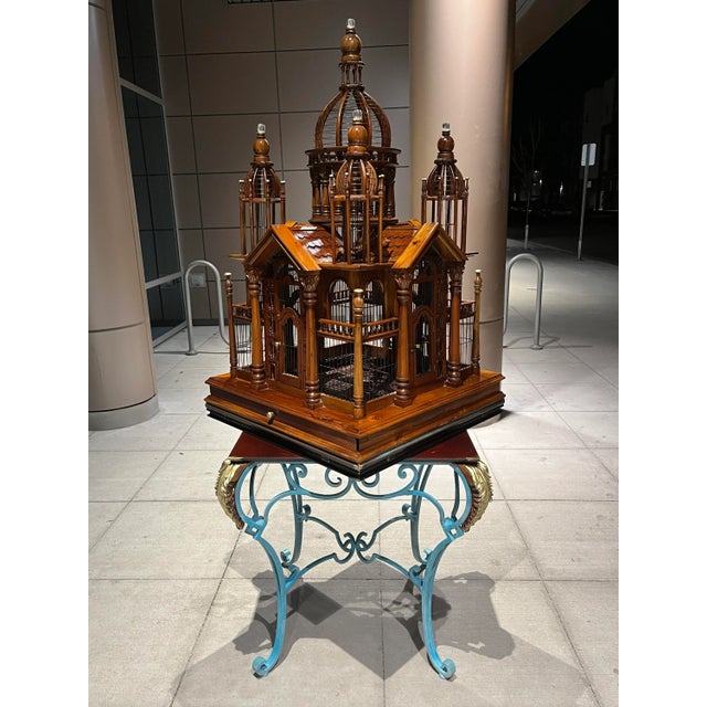 Wood Maitland-Smith Gothic Style Architectural Birdcage in Mahogany With Wrought-Iron Game Table Base For Sale - Image 7 of 13