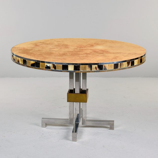 Chrome Unusual French Mid Century Suede-Topped Table With Chrome Base & Mosaic Sides For Sale - Image 8 of 12