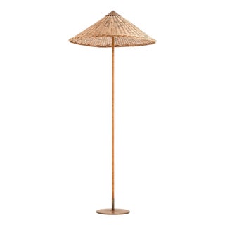 Brass and Cane Floor Lamp by Paavo Tynell for Taito Oy, 1950s For Sale