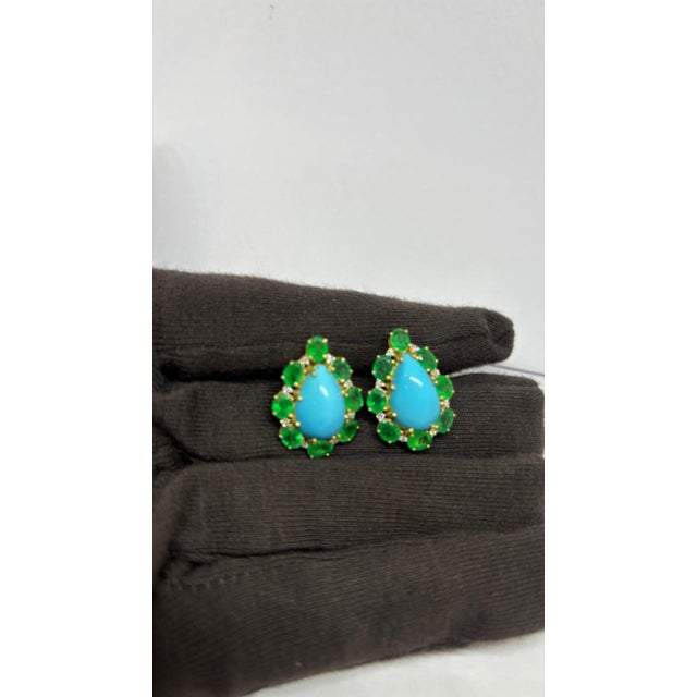 Natural Emerald, Turquoise, & Diamond Earring in 14k Gold For Sale In New York - Image 6 of 8