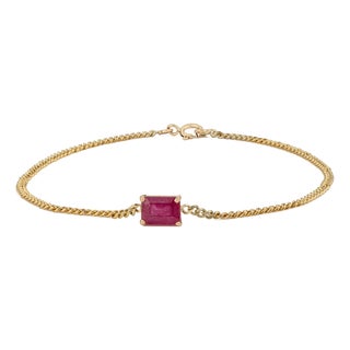 1.28ct Emerald-Cut Ruby Station Bracelet in 14k Yellow Gold Curb Chain For Sale