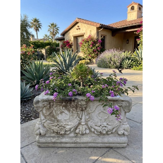 Stone Vintage Neoclassical Cast Stone Planter With Ram's Head and Lion Masks For Sale - Image 7 of 12