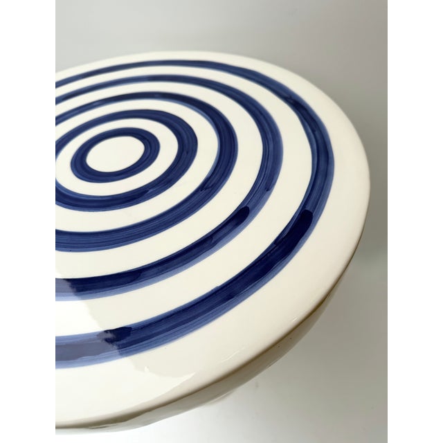 Blue Contemporary Pair of Blue and White Ceramic Stripe Side Tables. Italy For Sale - Image 8 of 12