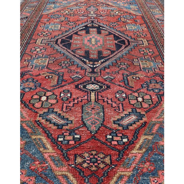 Antique Persian Hamadan Rug With Colorful Geometric Medallion on Red Background For Sale - Image 4 of 12