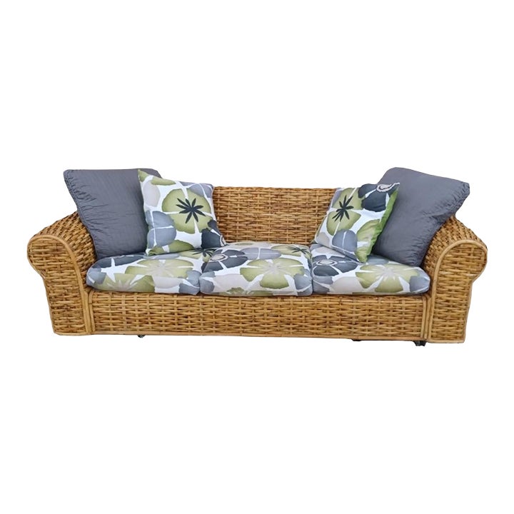 Woven Rattan Sofa with Floral Cushions by Polo Ralph Lauren Chairish