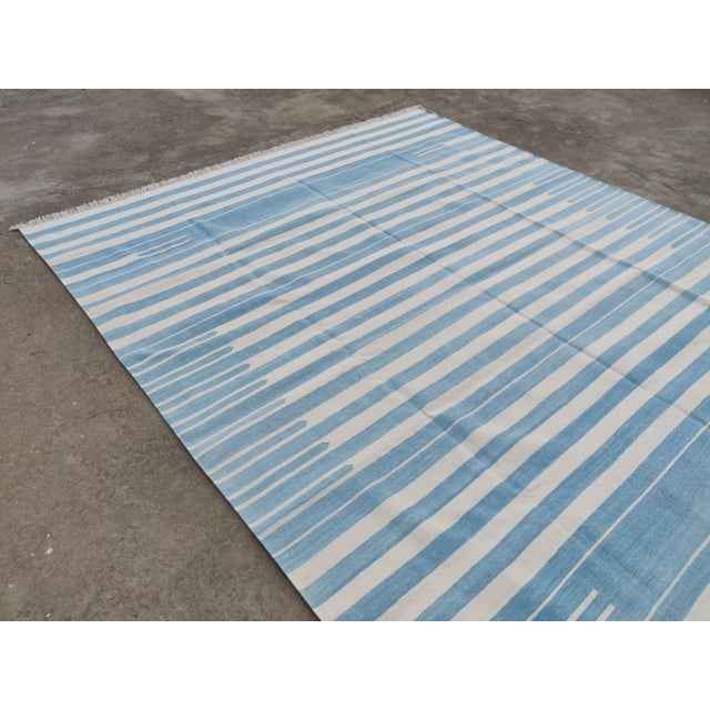 Textile Handmade Reversible Cotton Vegetable Dyed Blue and White Striped Rug-10'x14' For Sale - Image 7 of 12