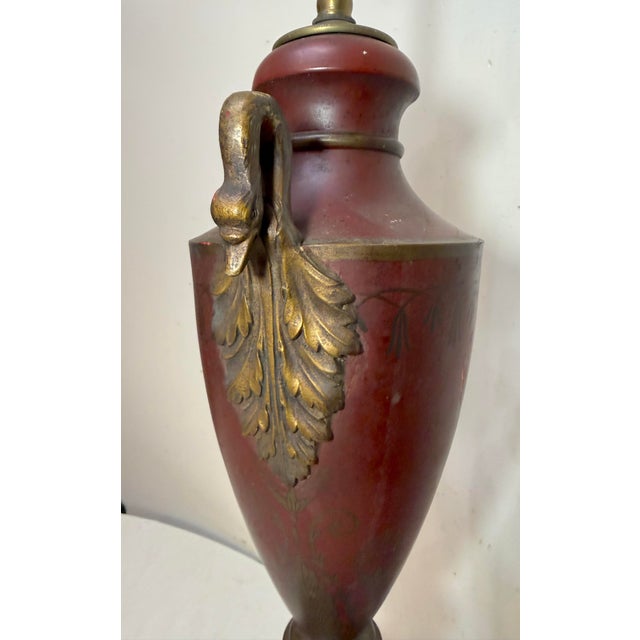 Antique Handmade Painted French Red Tole Toleware Swan Metal Table Lamp Light For Sale - Image 11 of 18
