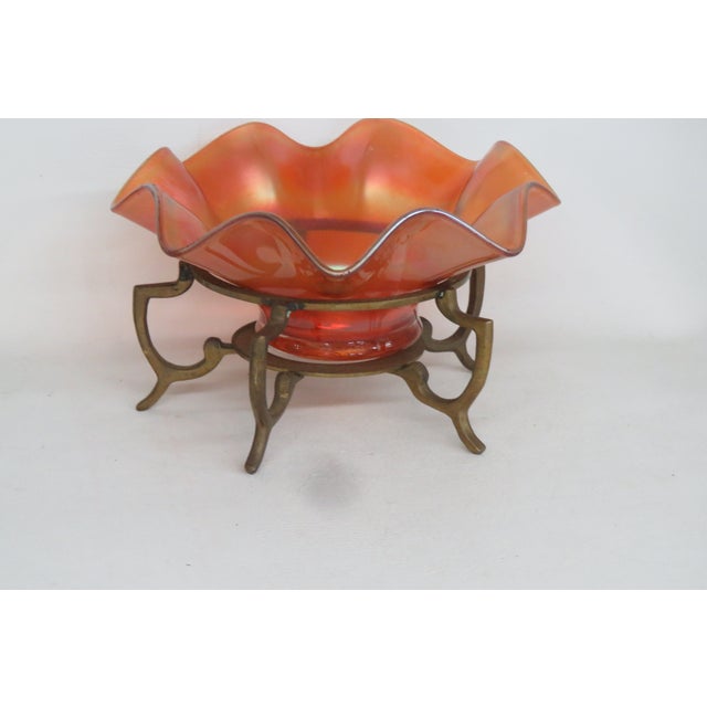 Marigold Iridescent Ruffle Edge Candy Dish Bowl on a Metal Stand 4635b For Sale - Image 13 of 14