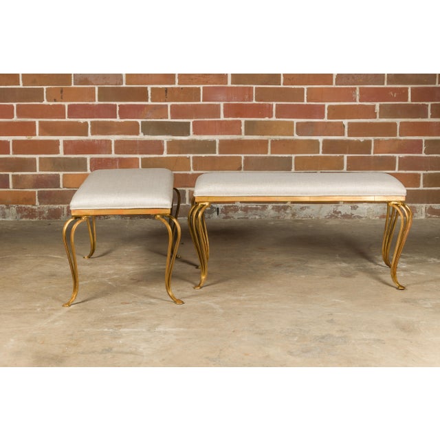 Gold Midcentury French Gilt Metal Benches with Cabriole Legs and Upholstery, a Pair For Sale - Image 8 of 12