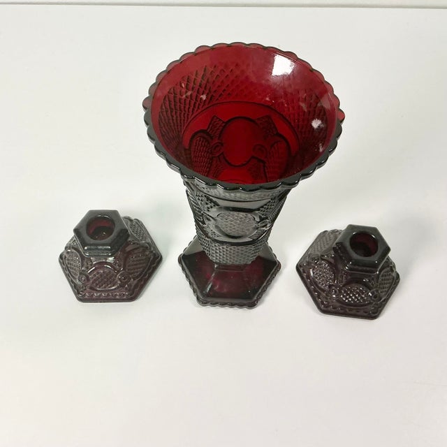 Glass 1970s Vintage Art Deco Depression Diamond Point Glass Centerpiece Candle Holders and Vase - Set of 3 For Sale - Image 7 of 12