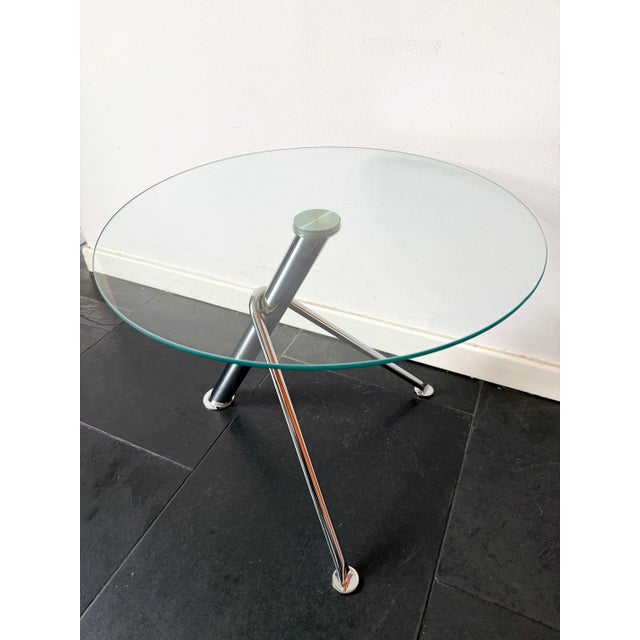 Vintage Modern Minimalist Round Glass Side Table with Sculptural Chrome Base, 1990s For Sale - Image 9 of 15