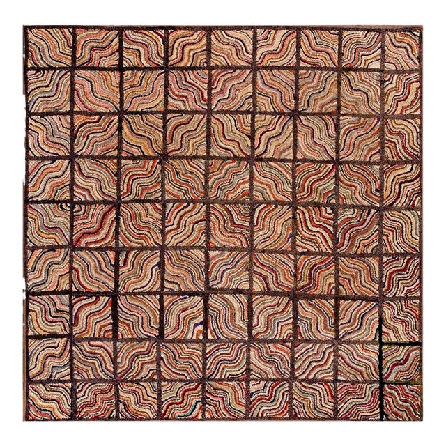 1930s Multicolor Checks Abstract Antique American Hooked Rug 5'10" X 6'0" Handknotted Wool Carpet For Sale