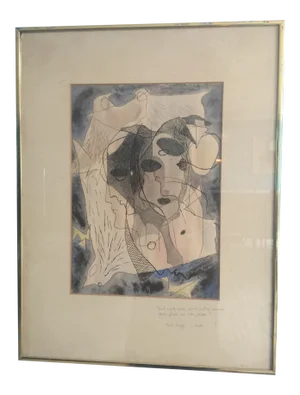 1960s Rathe Abstract Womans Faces and Birds Water Color on Paper