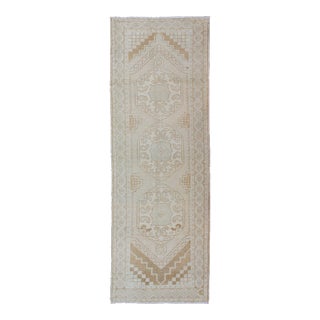 Subdued Vintage Hand Knotted Turkish Oushak Runner With Medallions For Sale