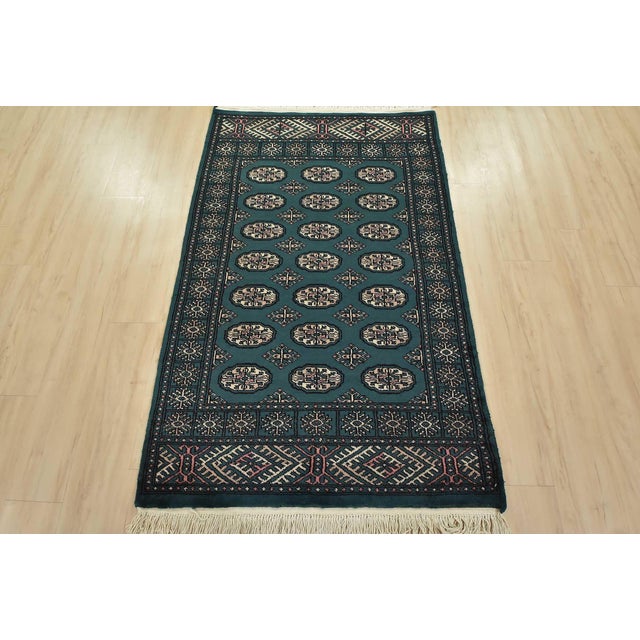 Farmhouse Bokhara Rug 3’7” X 5’10” Green Wool Tribal Hand-Knotted Oriental Carpet For Sale - Image 3 of 12