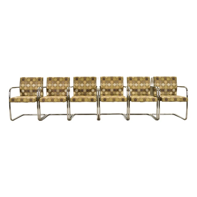 Mies Van Der Rohe Brno Style Mid-Century Modern Chrome Tubular Cantilever Club Chairs, Set of Six For Sale