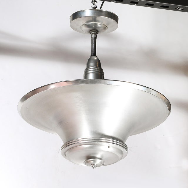 1930s Art Deco Machine Age Brushed Aluminum Pendant Chandelier Signed Edwin Guff For Sale - Image 11 of 14
