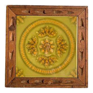 Mid Century Tile Trivet Footed Wood & Ceramic Tile Retro Boho Avocado Green Plant Stand For Sale