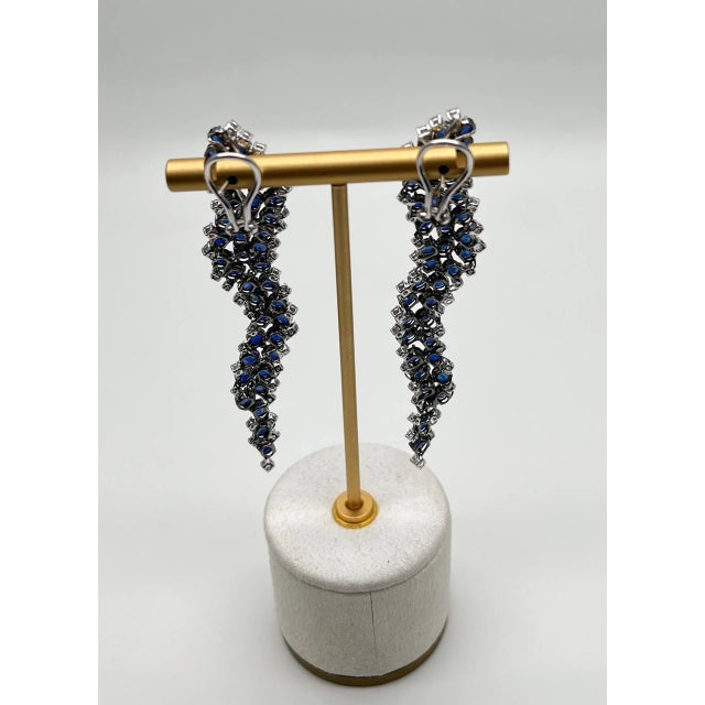 Modern Blue Sapphire Cascade Wave Diamonds 18k White Gold Statement Fancy Earrings, A Pair For Sale - Image 3 of 12