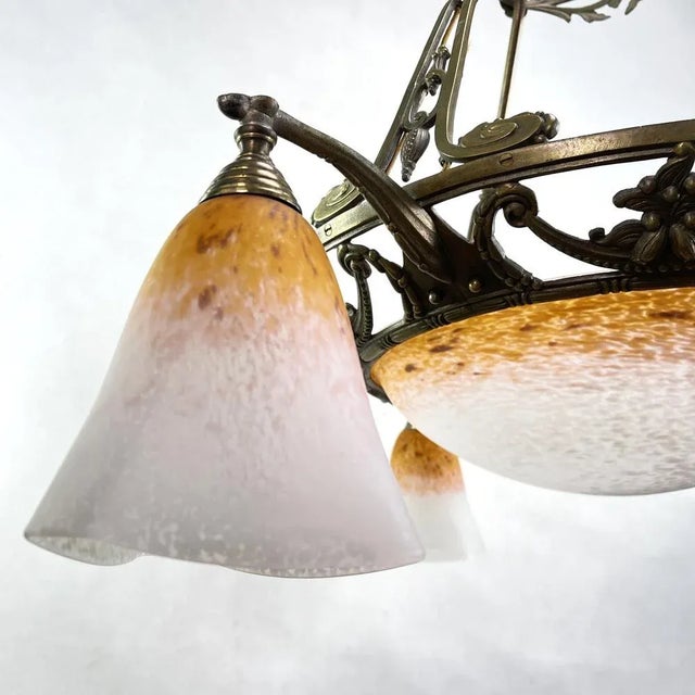 Art Deco Orange and White Pendant Light attributed to Schneider, 1930s For Sale - Image 4 of 12