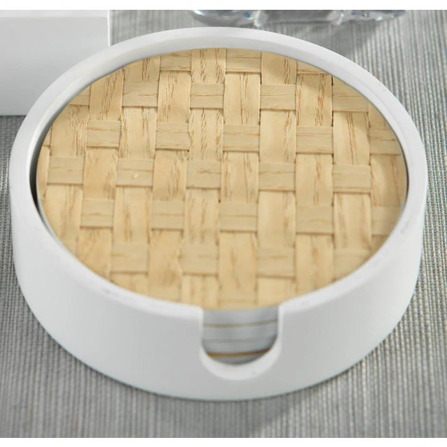 Contemporary Woven Ash White Coasters with Holder, Round, 5 Pieces For Sale - Image 3 of 3