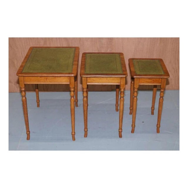 Brown Regency Style Gold Leaf Embossed Yew Wood Nesting Tables with Leather Tops, Set of 3 For Sale - Image 8 of 9