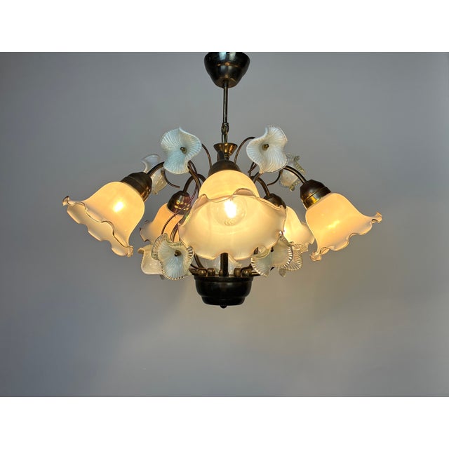 Vintage 1980s Floral Glass Chandelier – 5 Light Rustic Gold Ceiling Fixture For Sale - Image 14 of 15