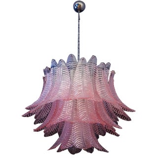 Italian Murano Glass Three-Tier Pink Felci Chandelier, 1990s For Sale